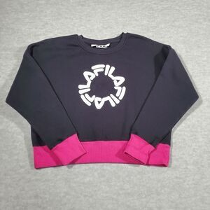 FILA Sweatshirt Women XL Black Fleece Lined Ribbed Hem Sports Crew Neck Pullover